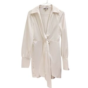 White Mini Dress Tie Front Long Sleeve Collared Shirt Dress